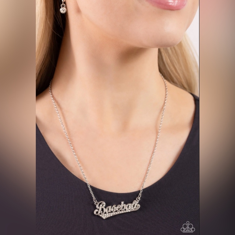 Baseball Necklace Silver Tone Cursive Font 18 Inch Plus Extender - Picture 2 of 5